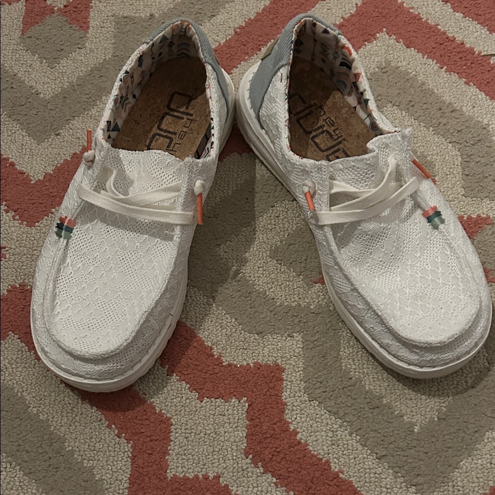 Hey Dude White and Blue Slip-On Shoes